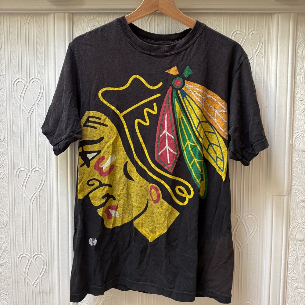 NHL Blackhawks Chicago Reebok Black Tee with Colorful Graphic